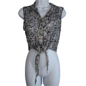 Vintage Women's Med Hothouse White Black Snakeskin Prints Button-up Crop Tie Top